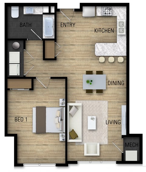 Floor plan for 1 bed, 1 bath, 846 sqft
